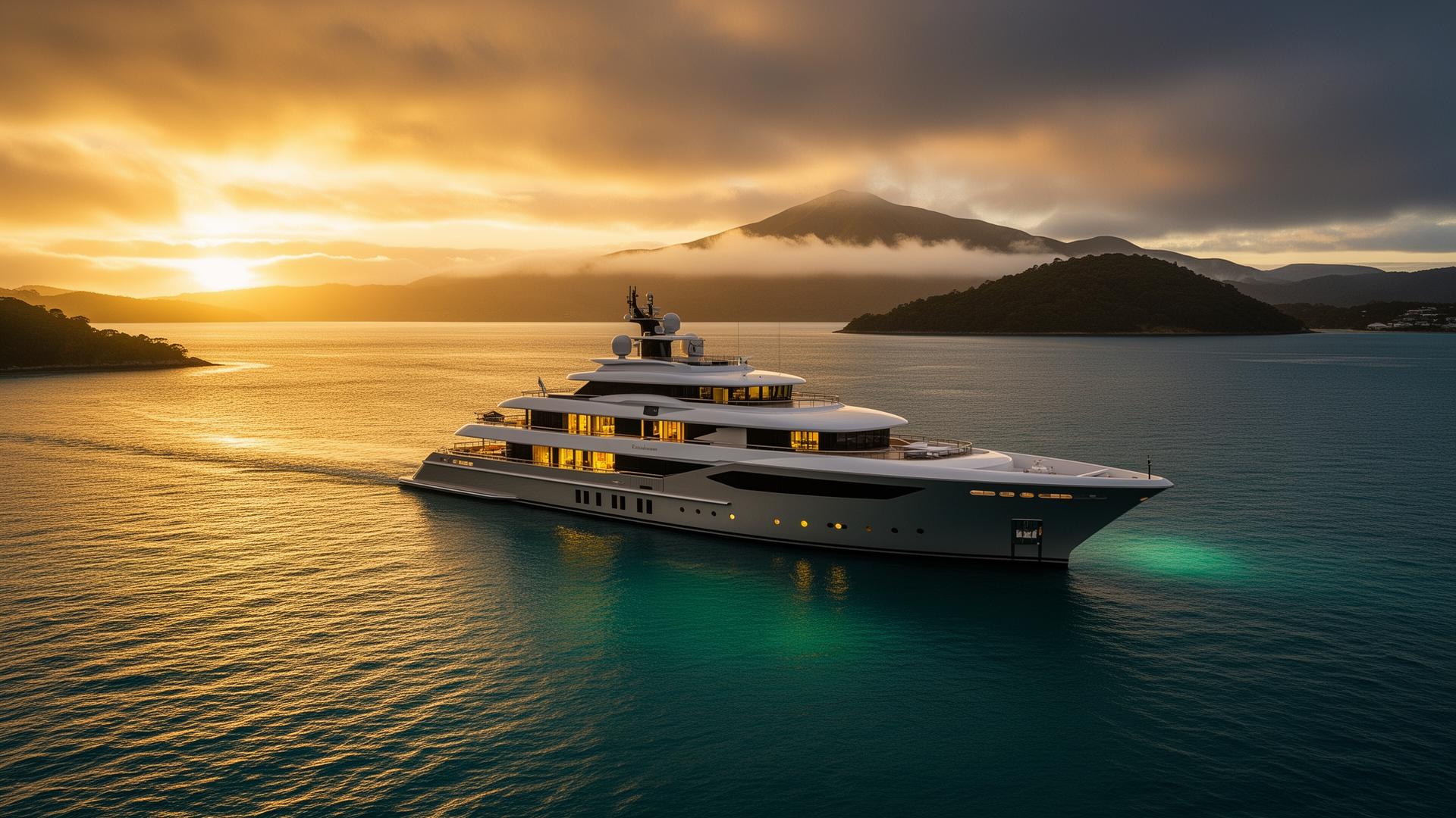 Luxury superyacht cruising New Zealand's Bay of Islands at golden hour